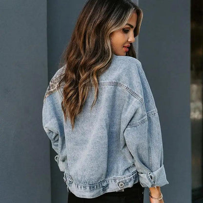 Light-wash oversized denim trucker jacket back view on Tampa Home & Garden Store