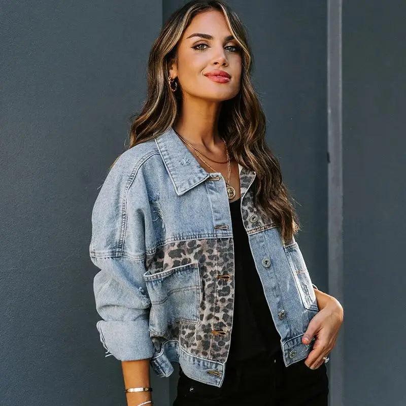 Leopard patch denim trucker jacket by Stevvex, light wash, cropped fit with lapel collar on Tampa Home & Garden Store