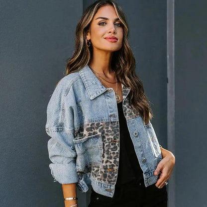Leopard patch denim trucker jacket by Stevvex, light wash, cropped fit with lapel collar on Tampa Home & Garden Store