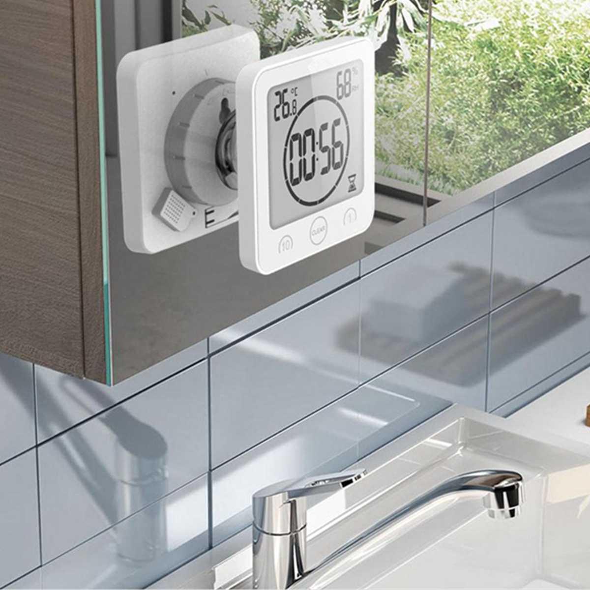 Stevvex LCD waterproof bathroom timer clock with alarm, white, wall-mounted above sink on Tampa Home & Garden Store