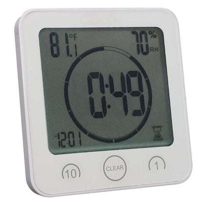 Stevvex LCD waterproof bathroom timer with alarm; display shows 81°F, 0:49 countdown on Tampa Home & Garden Store
