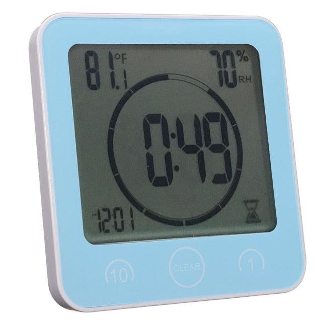 Stevvex LCD waterproof bathroom timer clock with alarm, blue frame, large digital display on Tampa Home & Garden Store