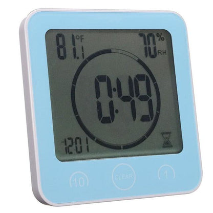 Stevvex LCD waterproof bathroom timer clock with alarm, blue frame, large digital display on Tampa Home & Garden Store