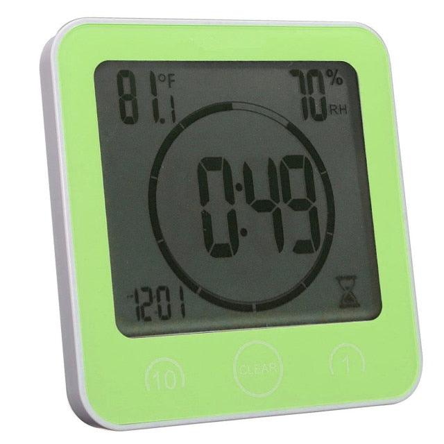 Stevvex lime green LCD waterproof bathroom timer clock with alarm and humidity readout on Tampa Home & Garden Store