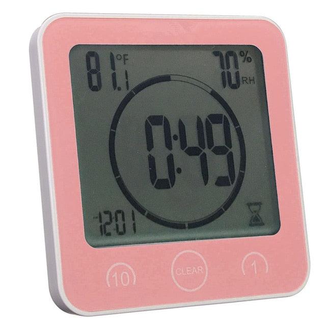 Stevvex pink LCD waterproof bathroom timer clock with alarm, countdown and temp/humidity on Tampa Home & Garden Store