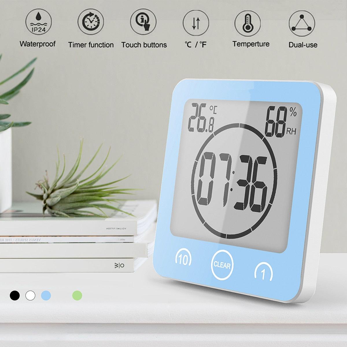 Stevvex LCD waterproof bathroom timer clock blue frame with touchscreen buttons digital display on Tampa Home & Garden Store