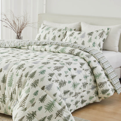 Reversible Christmas Comforter & Sham Set with pine tree print on white quilted bedding on Tampa Home & Garden Store