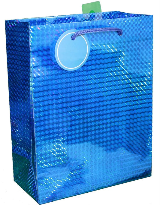 Blue prismatic gift bag, medium, with purple braided cord handle and blank circular tag on Tampa Home & Garden Store