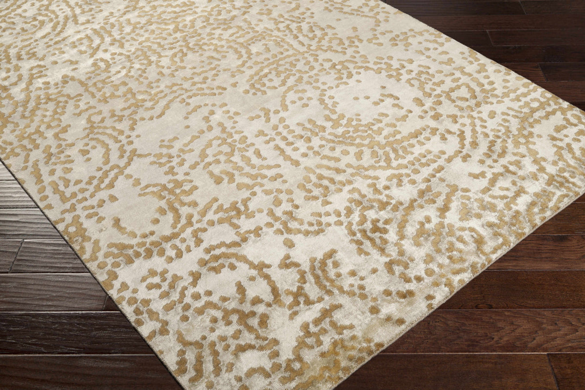 Pensacola Tan Wool & Viscose Rug by Boutique Rugs, ivory with tan pattern, wood floor on Tampa Home & Garden Store
