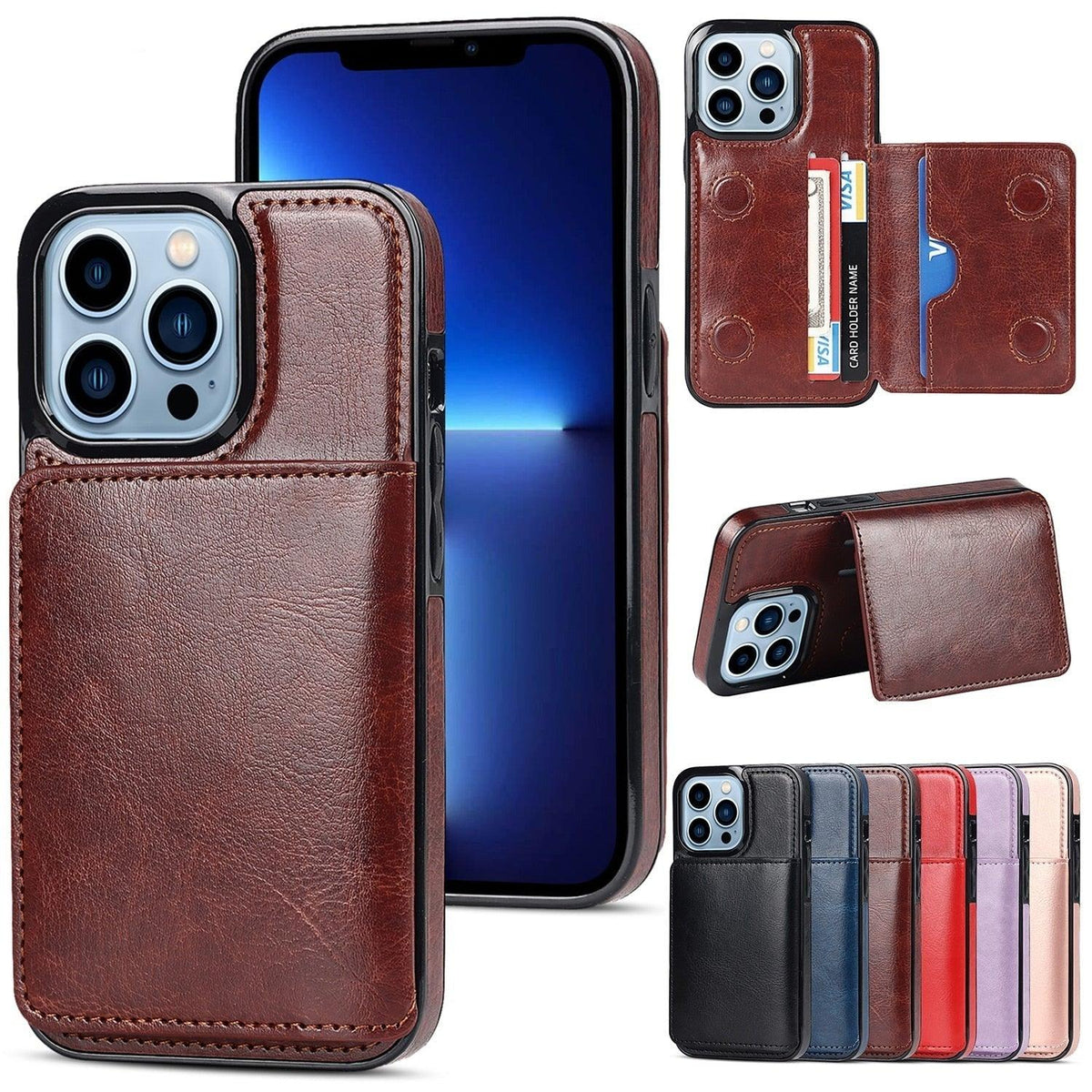 Stevvex leather wallet phone case with 3 card slots for iPhone models brown textured leather on Tampa Home & Garden Store