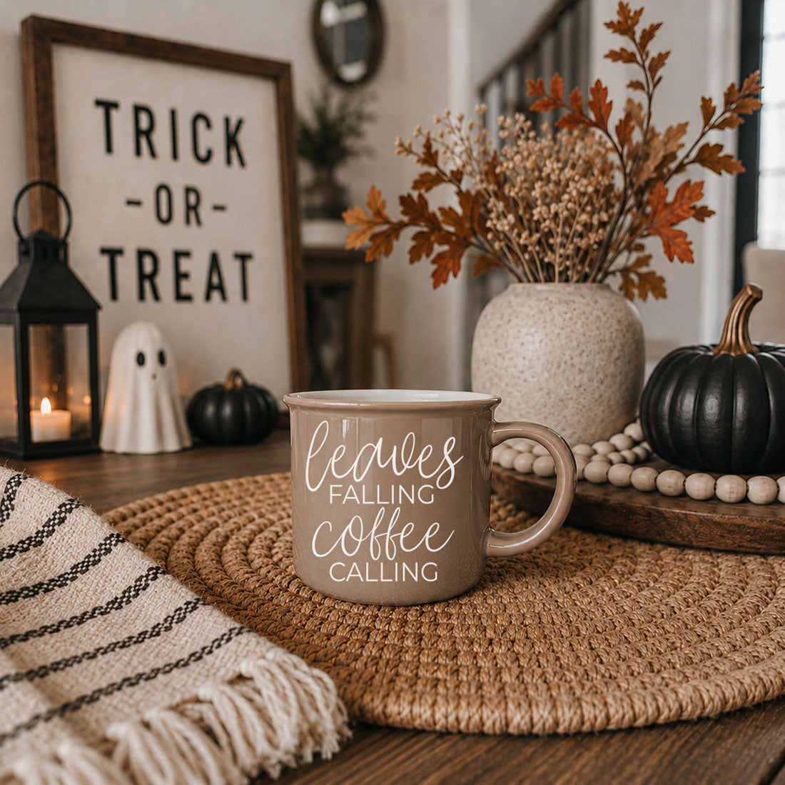 Leaves Falling coffee mug by Gia Roma, brown ceramic with white script, autumn table decor on Tampa Home & Garden Store