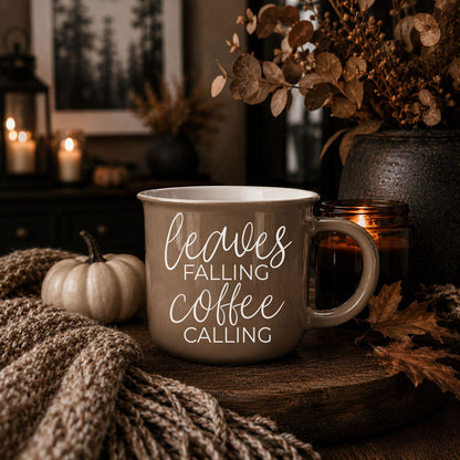 Leaves Falling coffee mug by Gia Roma in taupe ceramic with white script on Tampa Home & Garden Store
