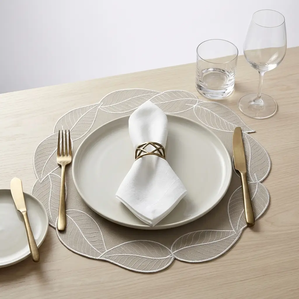 Leaf placemat with embroidered border in light gray, beige plate and gold flatware on Tampa Home & Garden Store