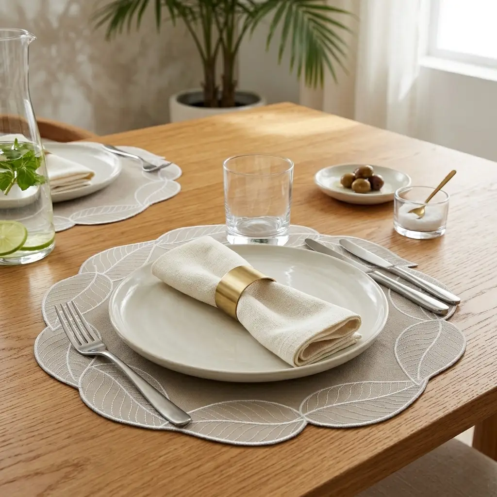 Leaf placemat with embroidered border in gray under a plate and napkin on a wooden table on Tampa Home & Garden Store
