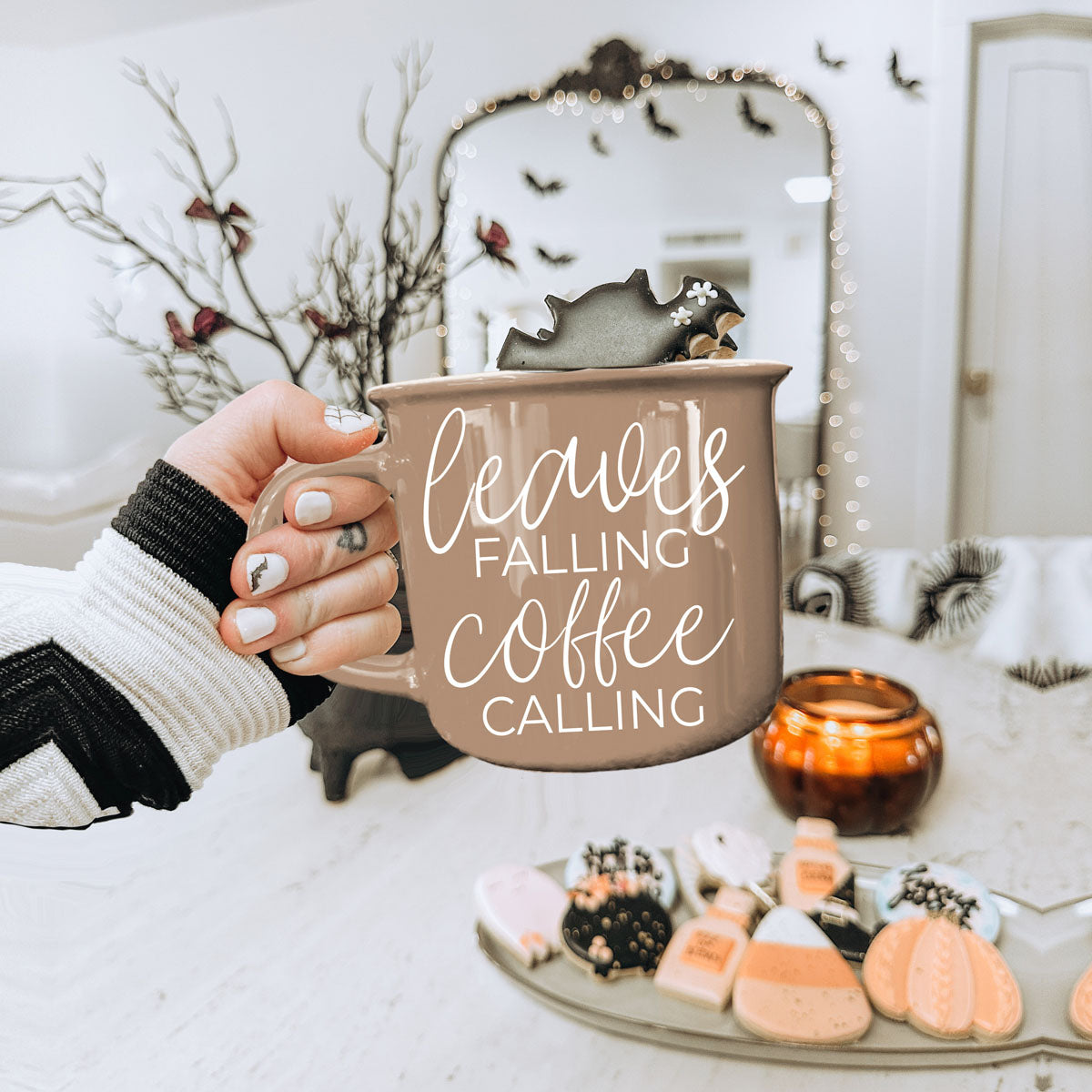 Leaves Falling coffee mug by Gia Roma in pink with white script and leaf cookie on top on Tampa Home & Garden Store