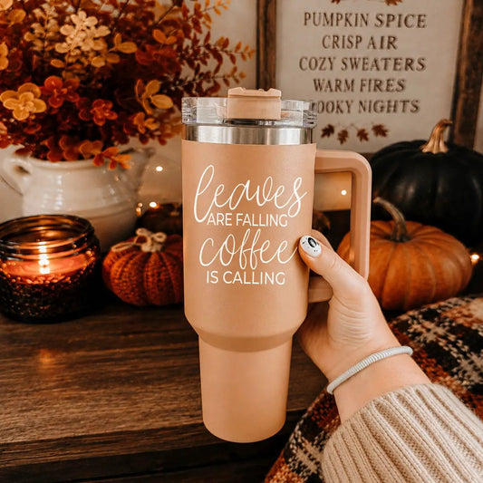 Leaves Falling 40oz Gia Roma travel mug peach finish with clear lid tumbler on Tampa Home & Garden Store
