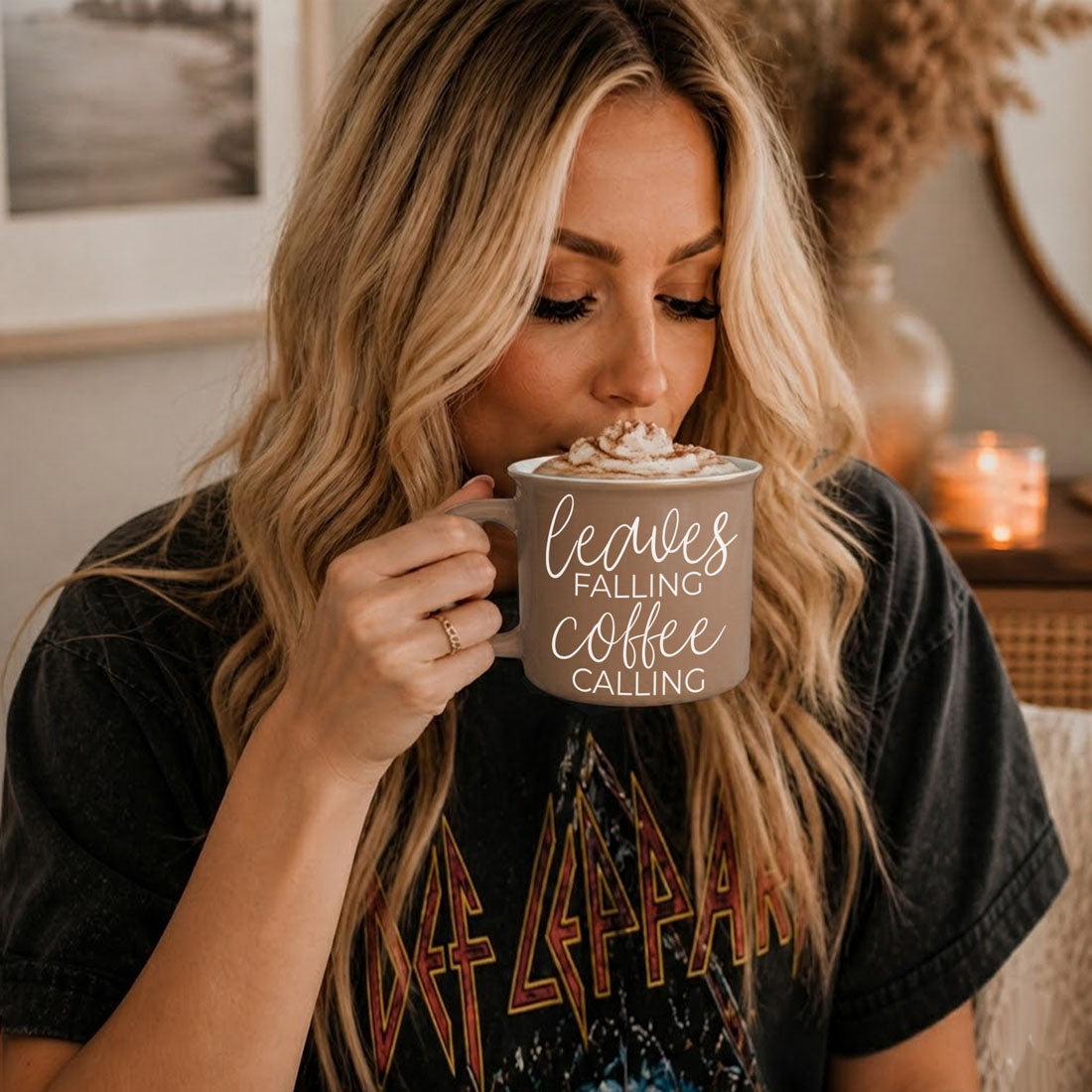 Leaves Falling coffee mug in gray with white script Gia Roma mug on Tampa Home & Garden Store