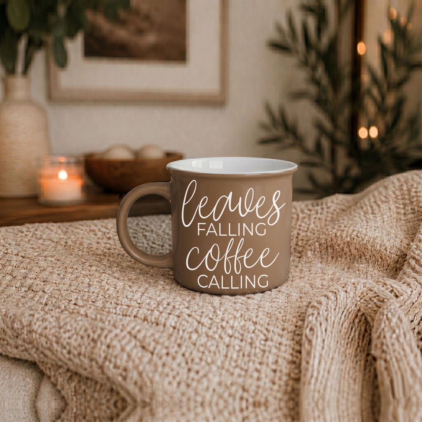 Leaves Falling coffee mug Gia Roma, taupe ceramic with white interior on Tampa Home & Garden Store