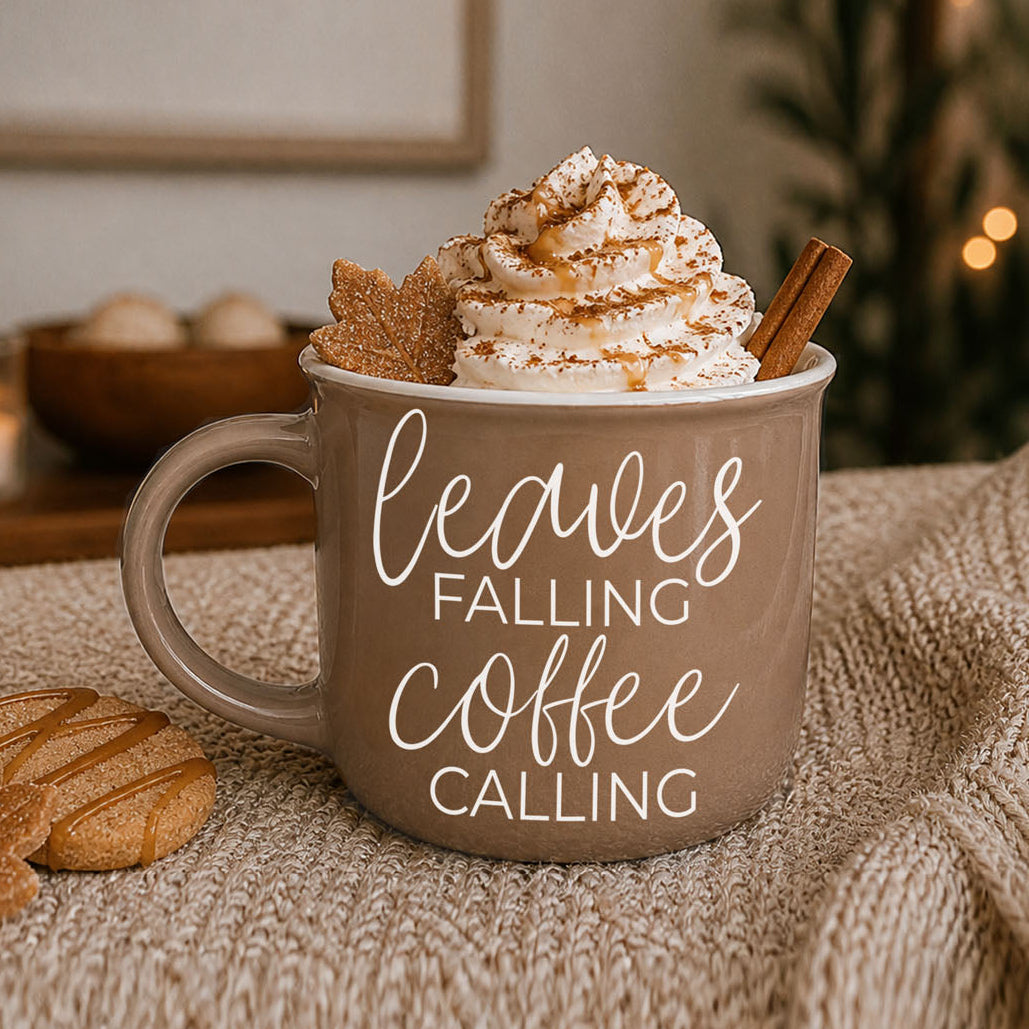 Leaves Falling coffee mug in taupe ceramic with whipped cream topping on Tampa Home & Garden Store