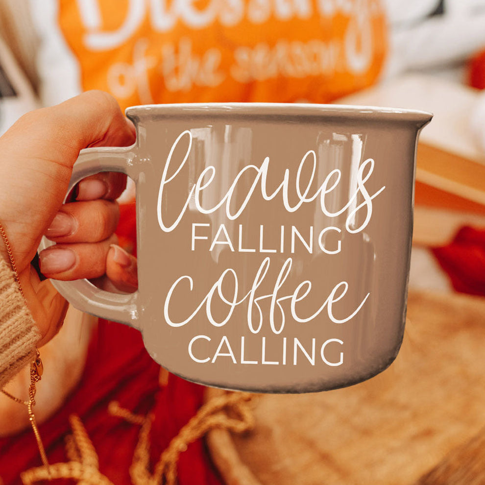 Coffee mug Gia Roma Leaves Falling Coffee Calling in gray with white script handheld on Tampa Home & Garden Store