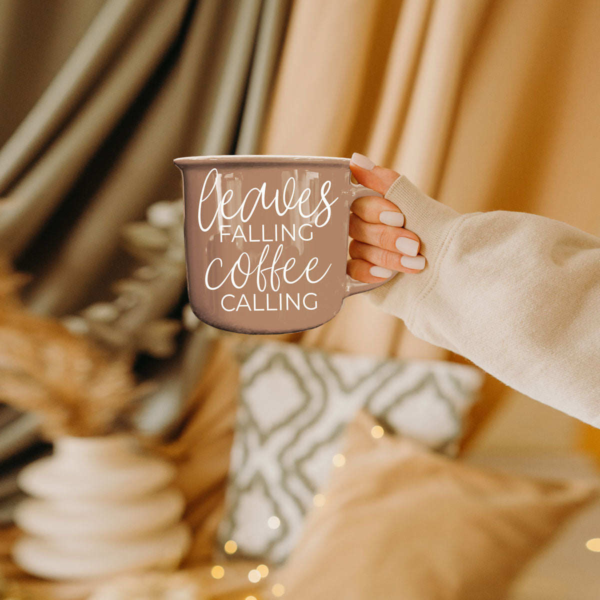 Leaves Falling coffee mug by Gia Roma taupe ceramic with white script on Tampa Home & Garden Store