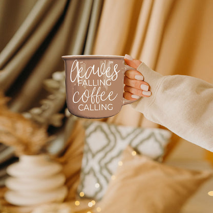 Leaves Falling coffee mug by Gia Roma taupe ceramic with white script on Tampa Home & Garden Store