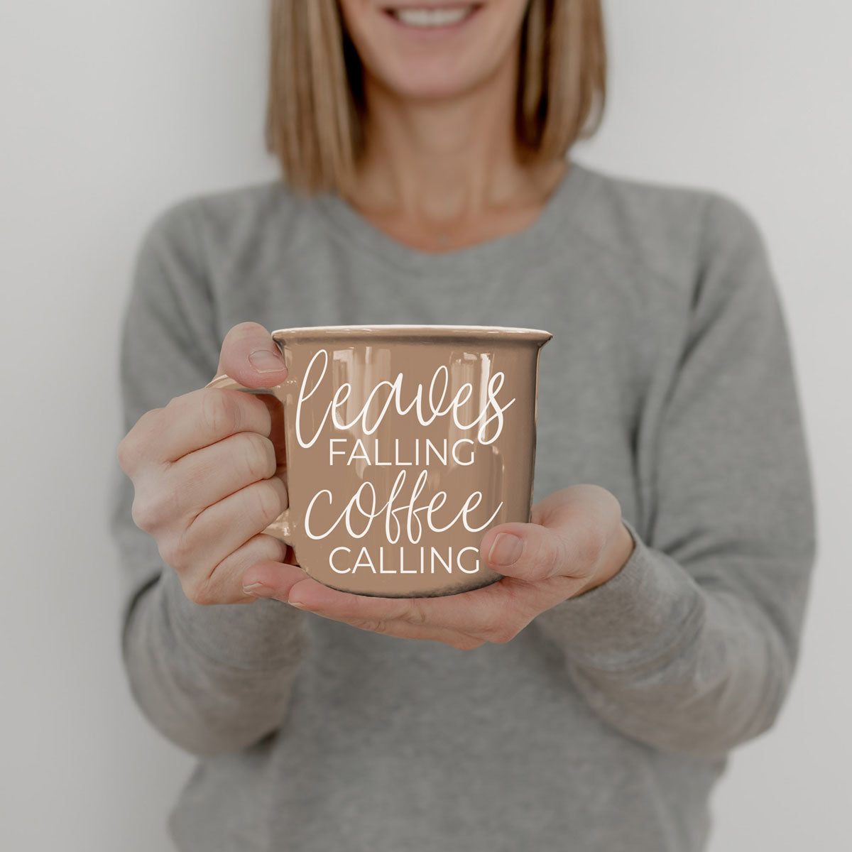 Leaves Falling coffee mug Gia Roma tan ceramic with white script on Tampa Home & Garden Store