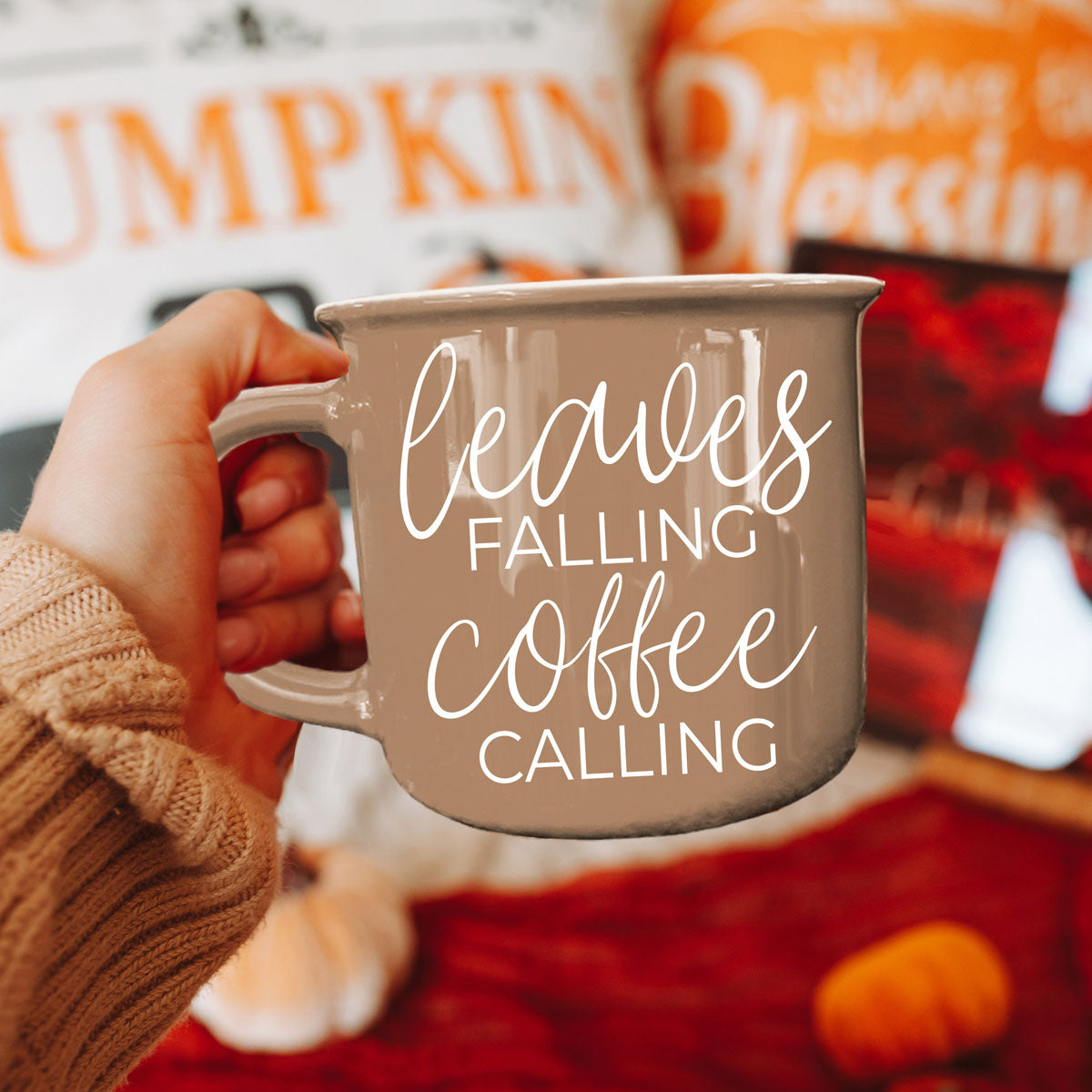 Leaves Falling coffee mug by Gia Roma, taupe ceramic with white script text on front on Tampa Home & Garden Store
