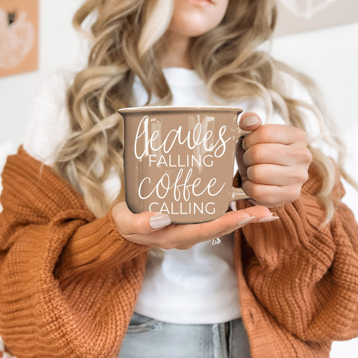 Leaves Falling coffee mug by Gia Roma in taupe ceramic with white script lettering on Tampa Home & Garden Store