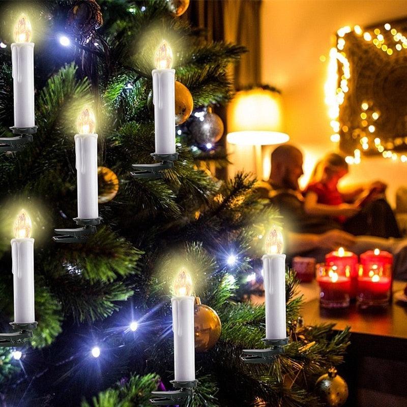 Stevvex LED flameless taper candles on Christmas tree with warm white flicker and remote on Tampa Home & Garden Store