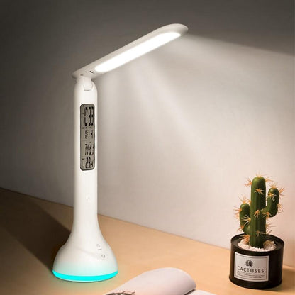 Stevvex LED Desk Lamp with foldable arm, white finish, dimmable touch, calendar clock on Tampa Home & Garden Store