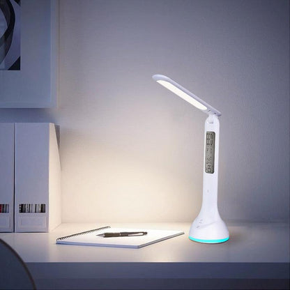 Stevvex white LED desk lamp with foldable head and calendar clock cyan base glow on Tampa Home & Garden Store