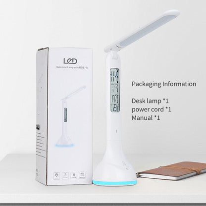 Stevvex LED desk lamp foldable dimmable touch calendar clock, white with blue base on Tampa Home & Garden Store