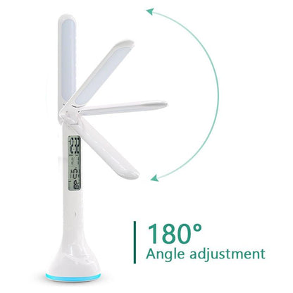Stevvex LED Desk Lamp foldable 180° arm, touch dimmable, rechargeable with calendar clock, white on Tampa Home & Garden Store