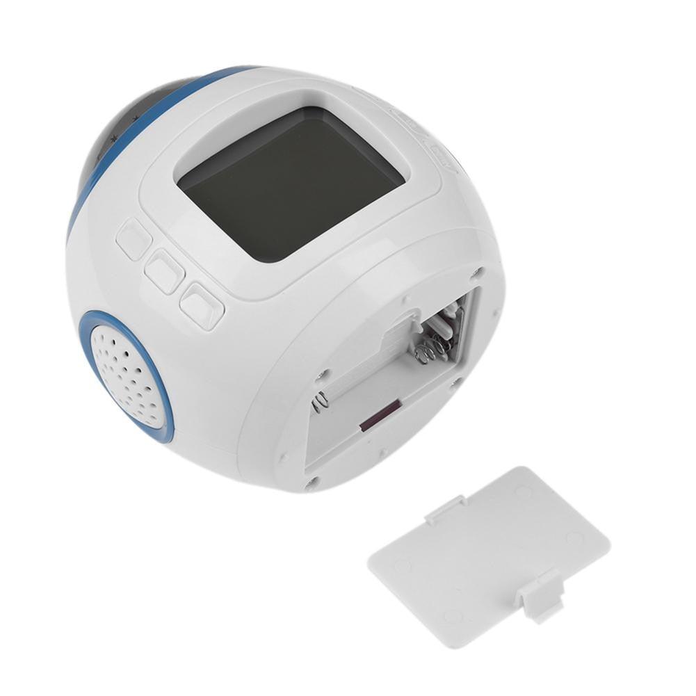 Stevvex white round LED alarm clock for kids with blue accents, top display and battery cover on Tampa Home & Garden Store