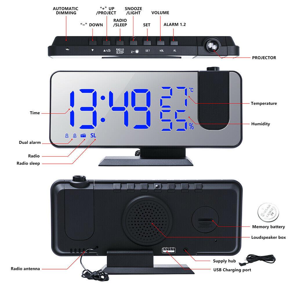 Stevvex LED projection alarm clock with dual alarm and USB charger, blue LED display on Tampa Home & Garden Store