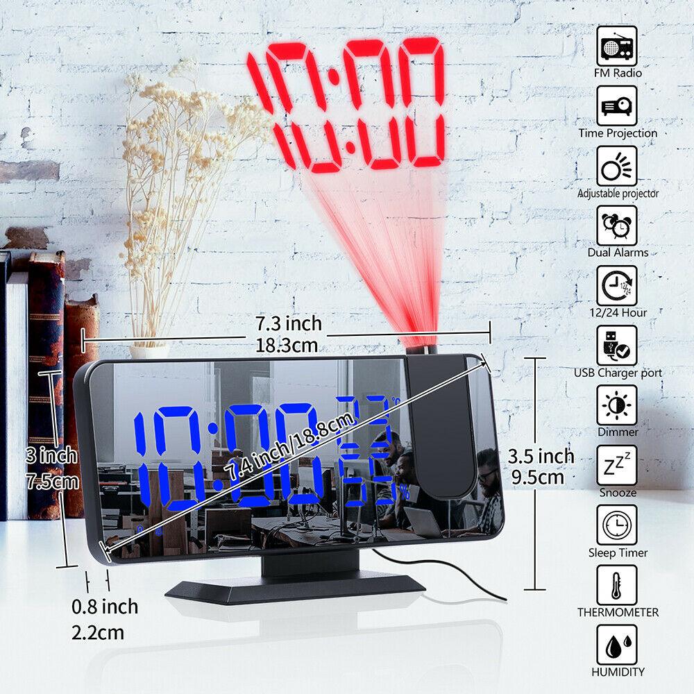 Stevvex LED projection alarm clock with blue display, USB charger and dual alarms on desk on Tampa Home & Garden Store