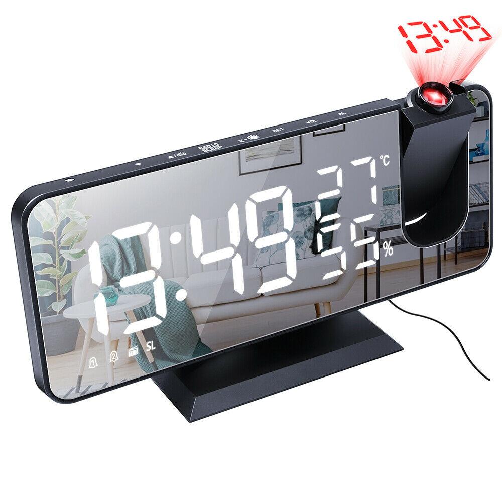 Stevvex LED Alarm Clock with projection, black mirrored desk clock with USB charger on Tampa Home & Garden Store