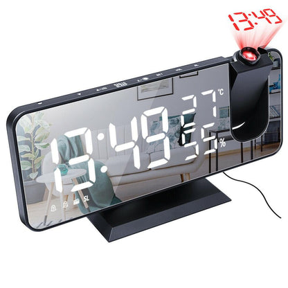 Stevvex LED Alarm Clock with projection, black mirrored desk clock with USB charger on Tampa Home & Garden Store