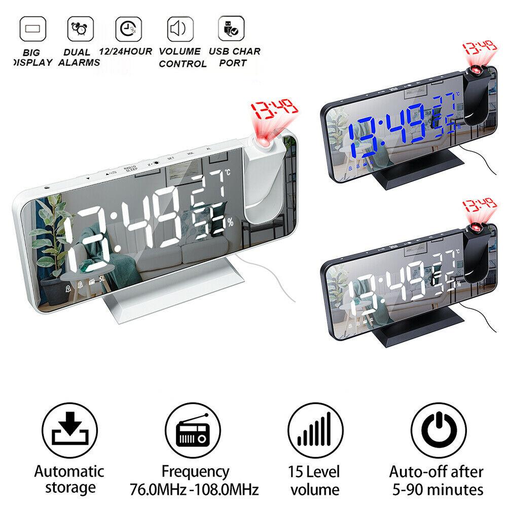 Stevvex LED projection alarm clock with mirrored display, USB charging, dual alarms; white/black on Tampa Home & Garden Store
