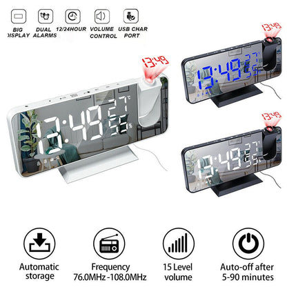 Stevvex LED projection alarm clock with mirrored display, USB charging, dual alarms; white/black on Tampa Home & Garden Store