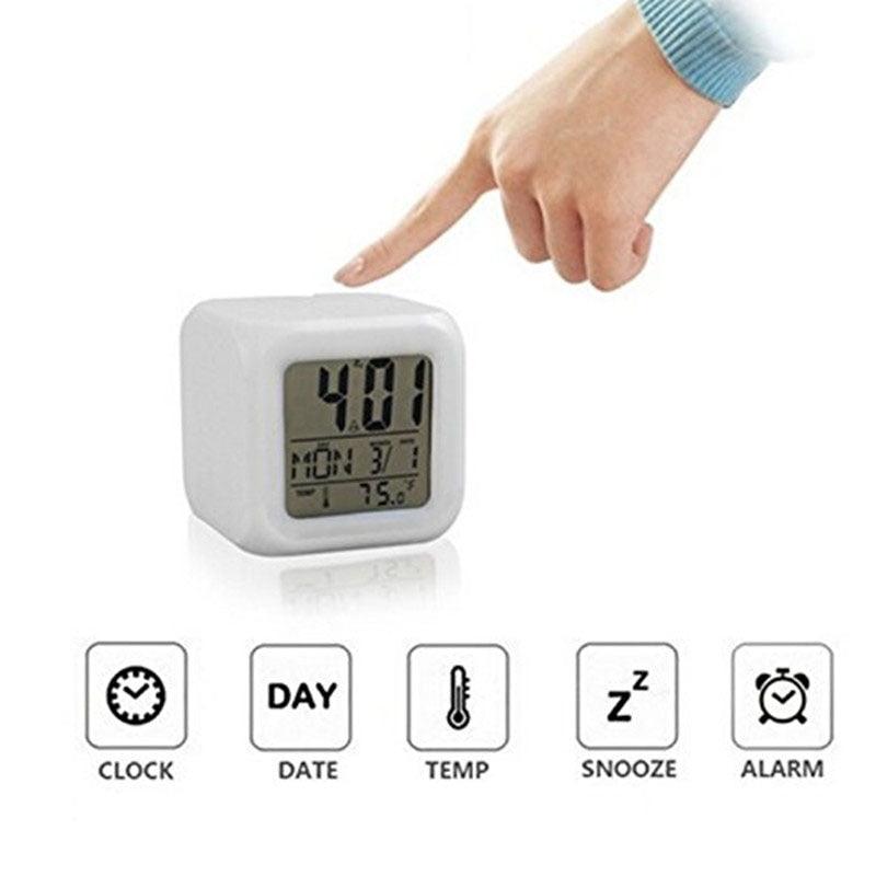 Stevvex white LED digital alarm clock cube with LCD time/date display on Tampa Home & Garden Store