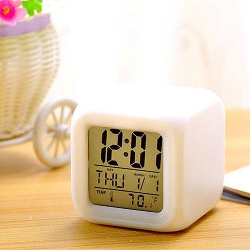 Stevvex white cube LED digital alarm clock with LCD time/date display battery operated on Tampa Home & Garden Store