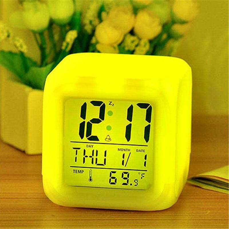 Stevvex yellow LED alarm clock with LCD time/date and temp readout on Tampa Home & Garden Store