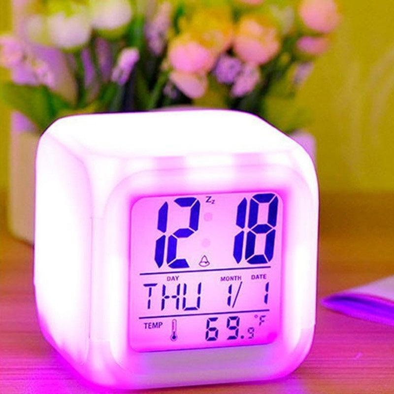 Stevvex LED digital alarm clock cube with LCD time/date display and pink glow on Tampa Home & Garden Store