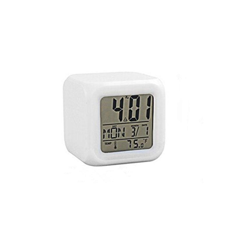 Stevvex white cube LED digital alarm clock with LCD display showing time, date and temperature on Tampa Home & Garden Store