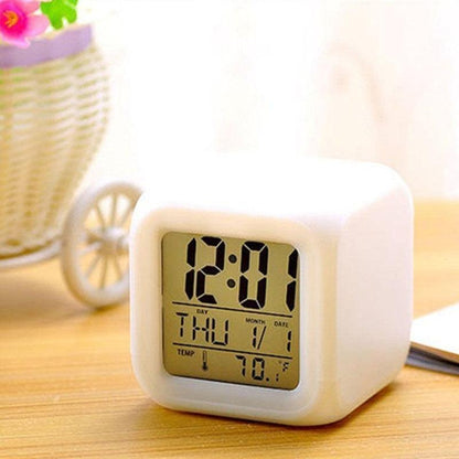 Stevvex white LED digital alarm clock cube with large time display, day/date, temperature on Tampa Home & Garden Store