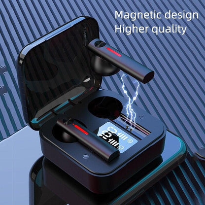 Stevvex black LED Display Bluetooth in-ear headphones with magnetic design in charging case on Tampa Home & Garden Store