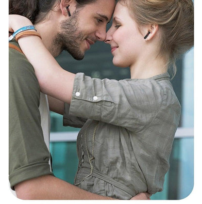 Stevvex in-ear wireless headphones black built-in mic; pair worn by a couple on Tampa Home & Garden Store