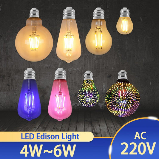 LED Edison bulb set in assorted shapes and colors with 3D fireworks filaments for outdoor use on Tampa Home & Garden Store